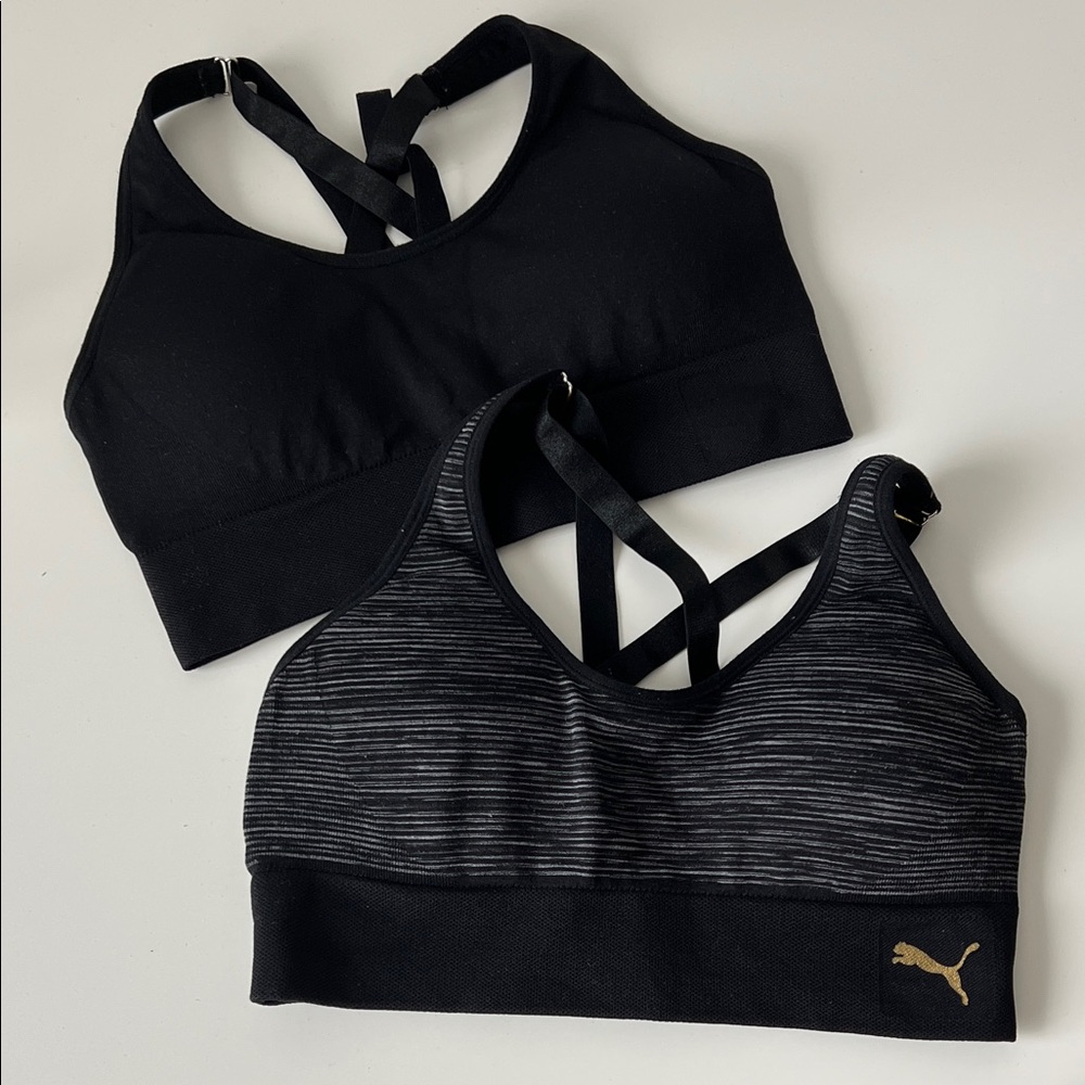 2 X Puma Black and Striped Gray Sports Bras S